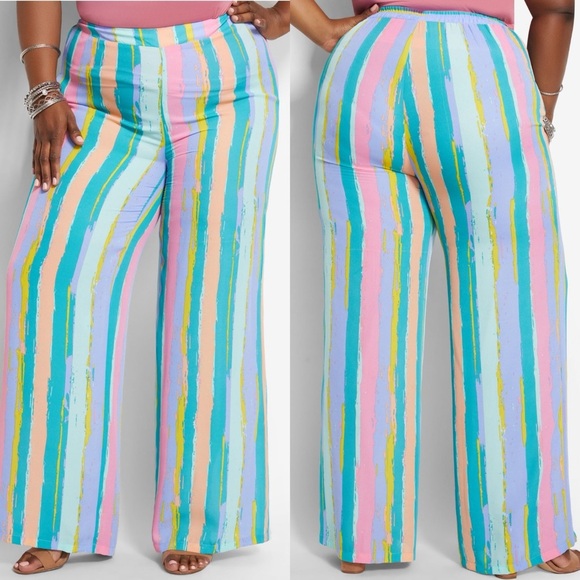 Ashley Stewart Colorful Striped Wide Leg Pants Pull On Elastic Waist Size 14 - Picture 1 of 11